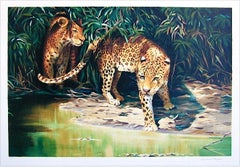 Lithographie signée OUT OF THE SHADOWS, portrait de léopard, Jungle sauvage