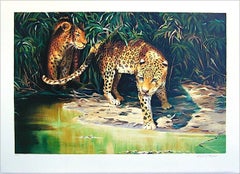 OUT OF THE SHADOWS Litografia firmata, ritratto di leopardo, giungla selvaggia