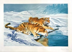TIGRES SIBERIANOS Litografía firmada y dibujada a mano Paisaje nevado Grandes felinos Bebiendo
