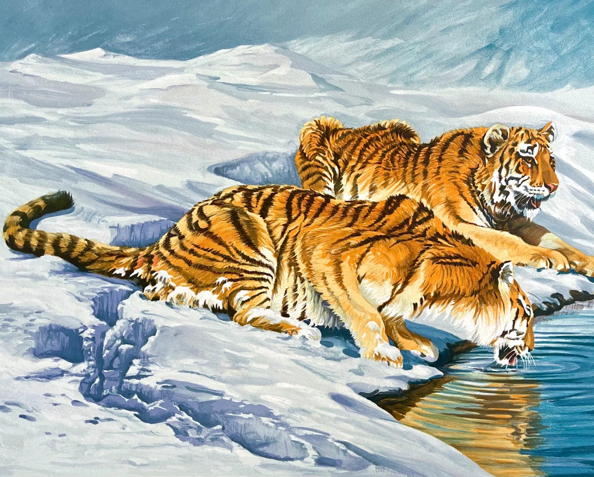 TIGRES SIBERIANOS Litografía firmada y dibujada a mano Paisaje nevado Grandes felinos Bebiendo - Print Contemporáneo de Sydney Taylor
