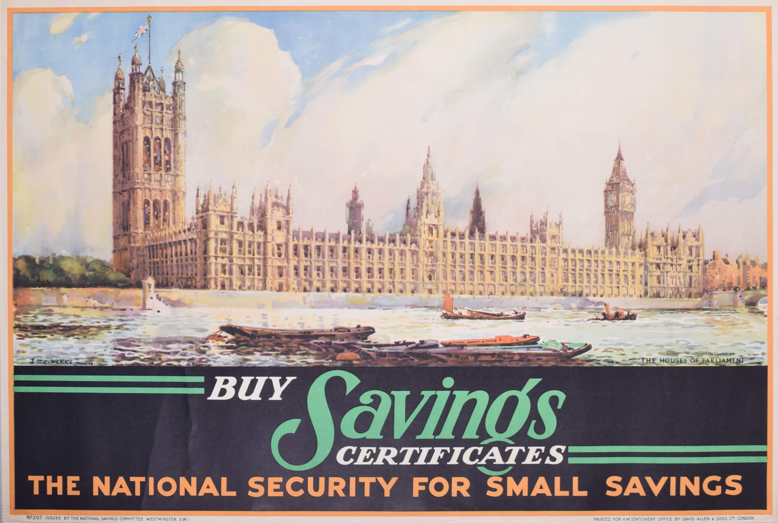 Sydney Thomas Charles Weeks Print - Houses of Parliament original vintage poster for National Savings  by STC Weeks