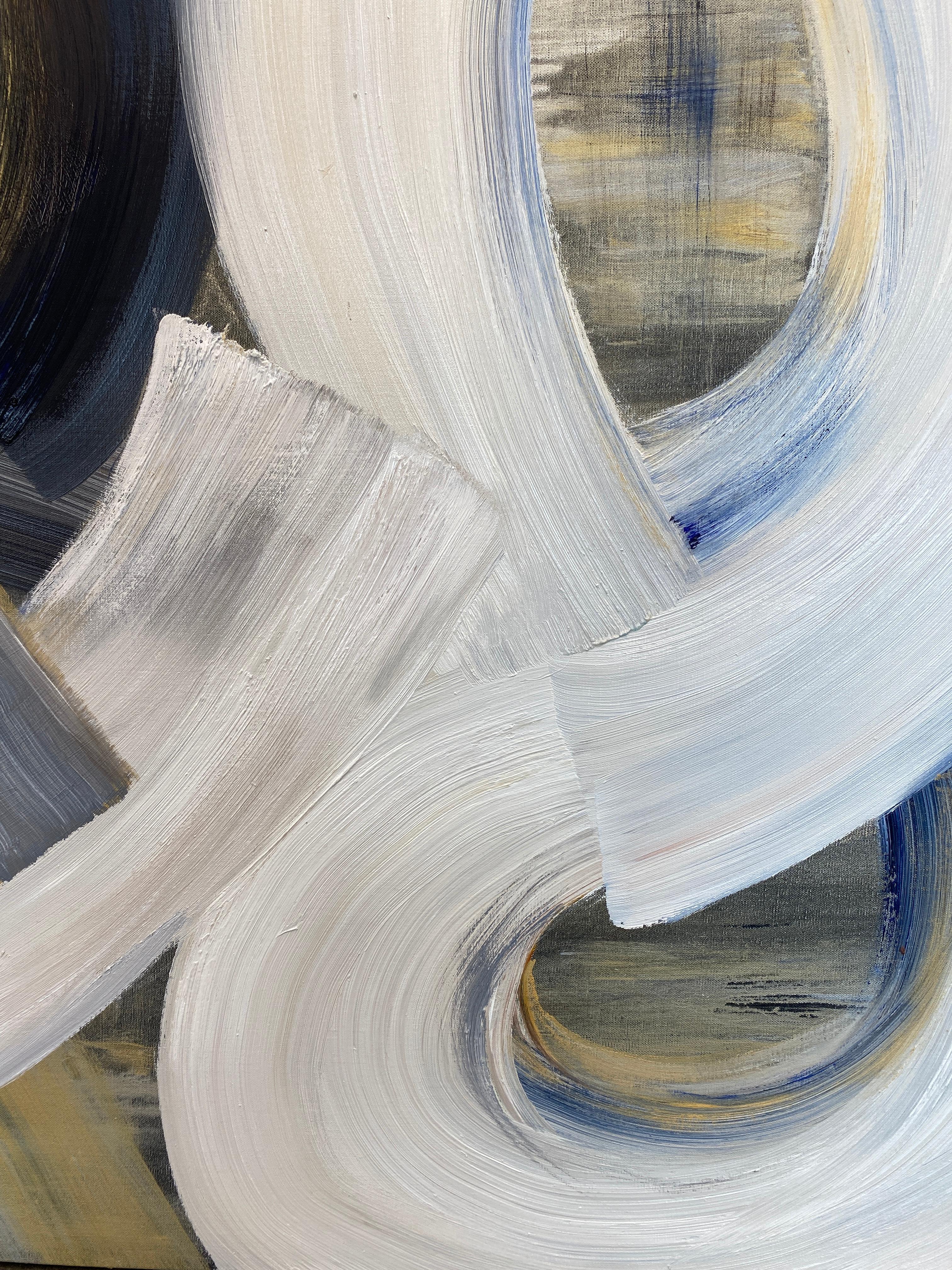 A 2021 abstract oil painting by Sydney Yeager measuring 48 inches tall and 48 inches wide. This work depicts large black and white brushstrokes, intertwined, creating the illusion of depth. Yeager elegantly translates minute shifts in light, the