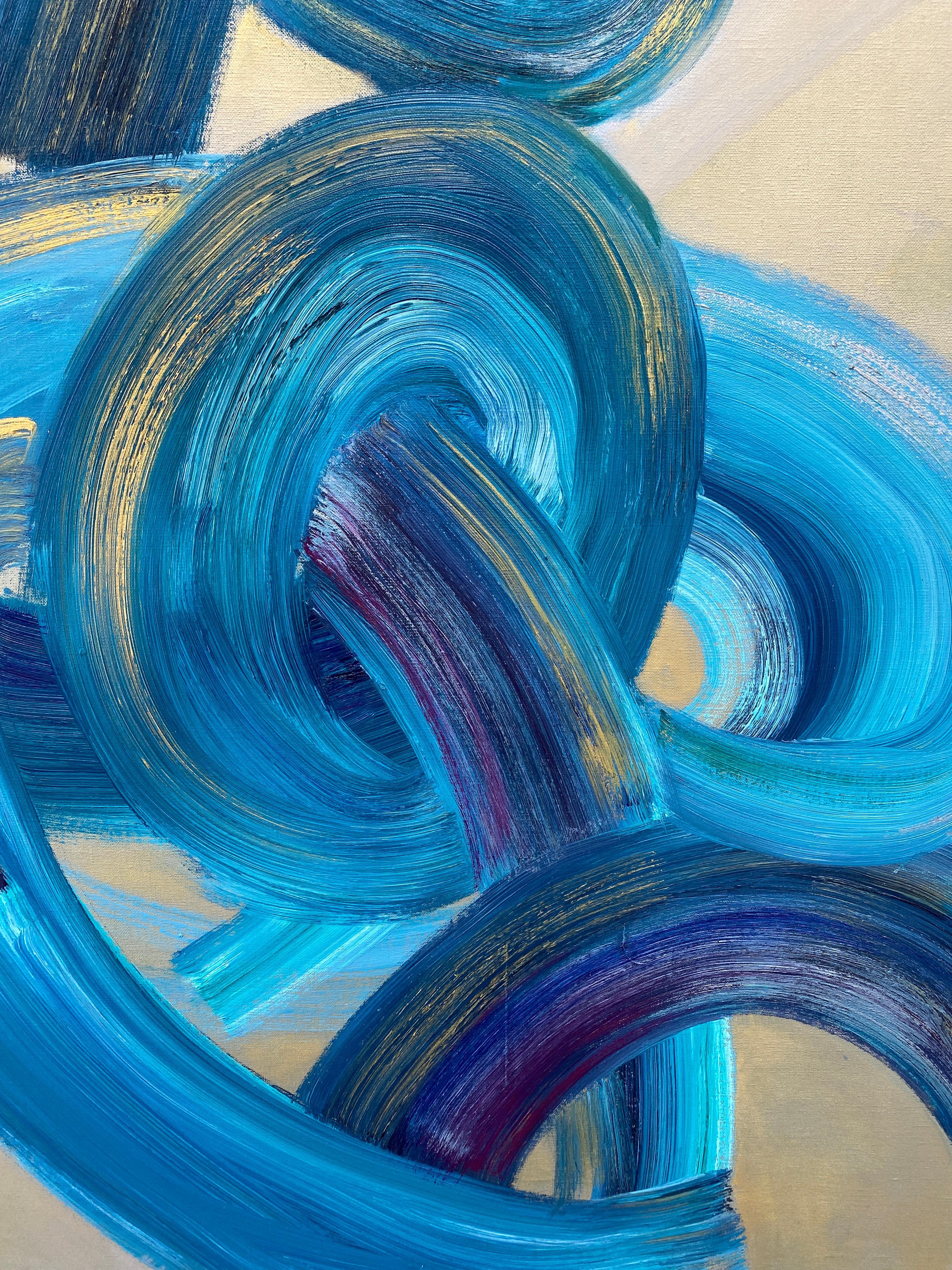 A 2019 contemporary abstract oil painting by Sydney Yeager measuring 54 inches tall and 36 inches wide. This work depicts large blue brushstrokes, intertwined, creating the illusion of depth. Yeager elegantly translates minute shifts in light, the