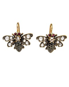 Sylva and Cie Bee Earrings with 1.50 Carat Rose Cut Diamond and Ruby Yellow Gold