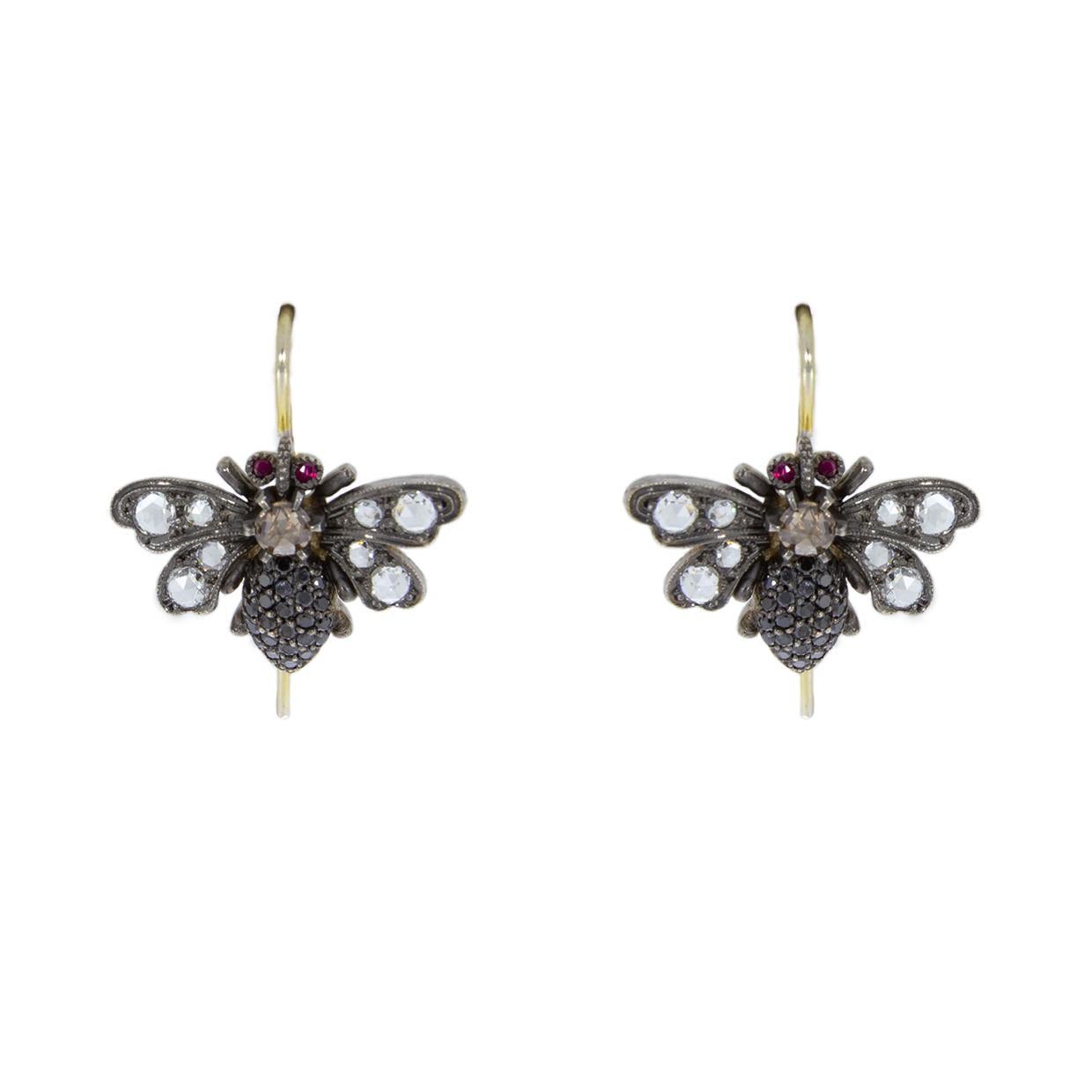 Sylva and Cie Bee Earrings with 1.50 Carat Rose Cut Diamond and Ruby Yellow Gold In Excellent Condition In Columbia, MO