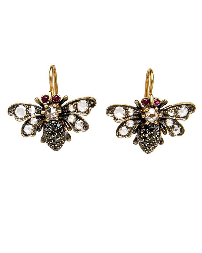Women's Sylva and Cie Bee Earrings with 1.50 Carat Rose Cut Diamond and Ruby Yellow Gold