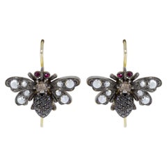 Sylva and Cie Bee Earrings with 1.50 Carat Rose Cut Diamond and Ruby Yellow Gold