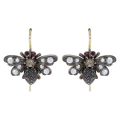 Sylva and Cie Bee Earrings with 1.50 Carat Rose Cut Diamond and Ruby Yellow Gold