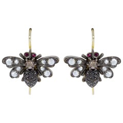 Sylva and Cie Bee Earrings with 1.50 Carat Rose Cut Diamond and Ruby Yellow Gold