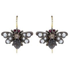 Sylva and Cie Bee Earrings with 1.50 Carat Rose Cut Diamond and Ruby Yellow Gold