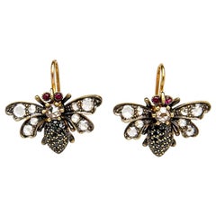 Sylva and Cie Bee Earrings with 1.50 Carat Rose Cut Diamond and Ruby Yellow Gold