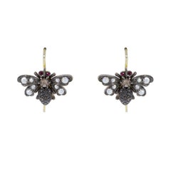 Sylva and Cie Bee Earrings with 1.50 Carat Rose Cut Diamond and Ruby Yellow Gold