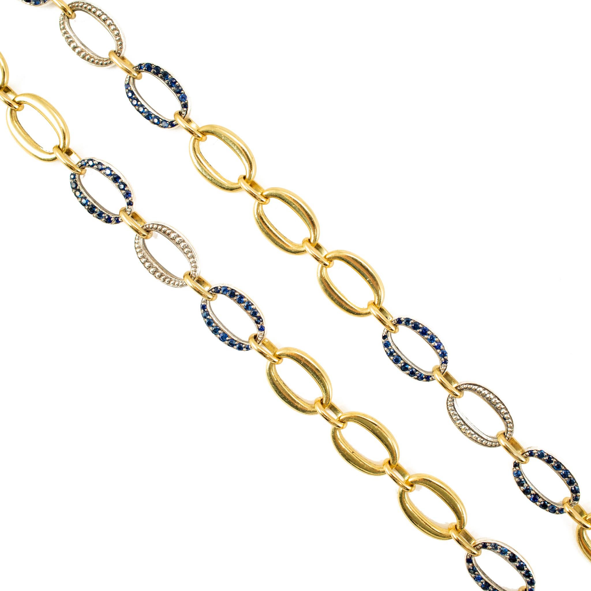 Taglio ovale Sylva & Cie - Collana a catena ovale con zaffiro in oro giallo 18 carati e argento sterling in vendita