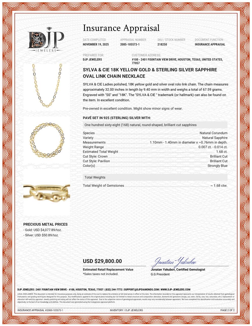 Sylva & Cie - Collana a catena ovale con zaffiro in oro giallo 18 carati e argento sterling in vendita 4