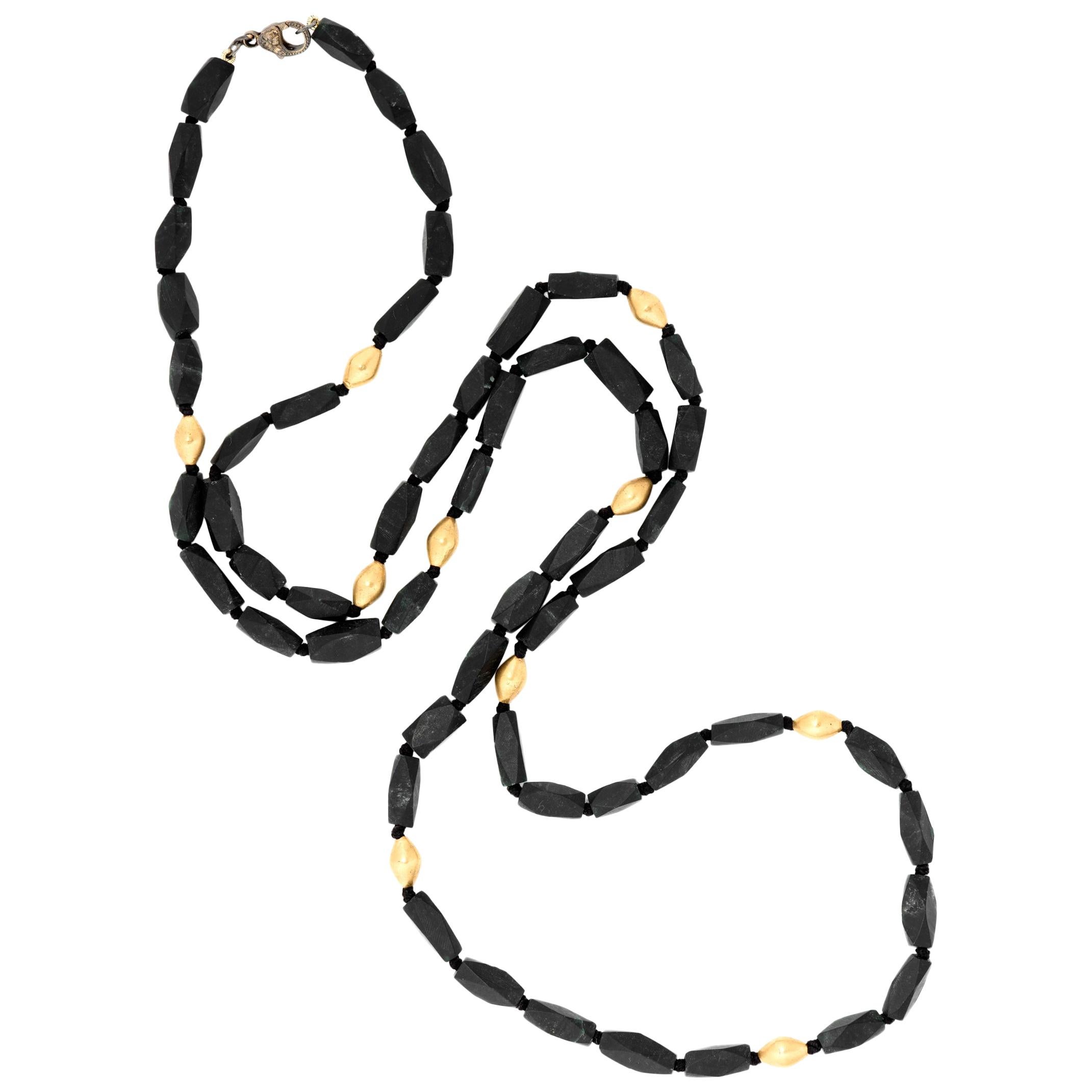 Sylva & Cie Black Jade Beaded Necklace with 18 Karat Yellow Gold Beads For Sale