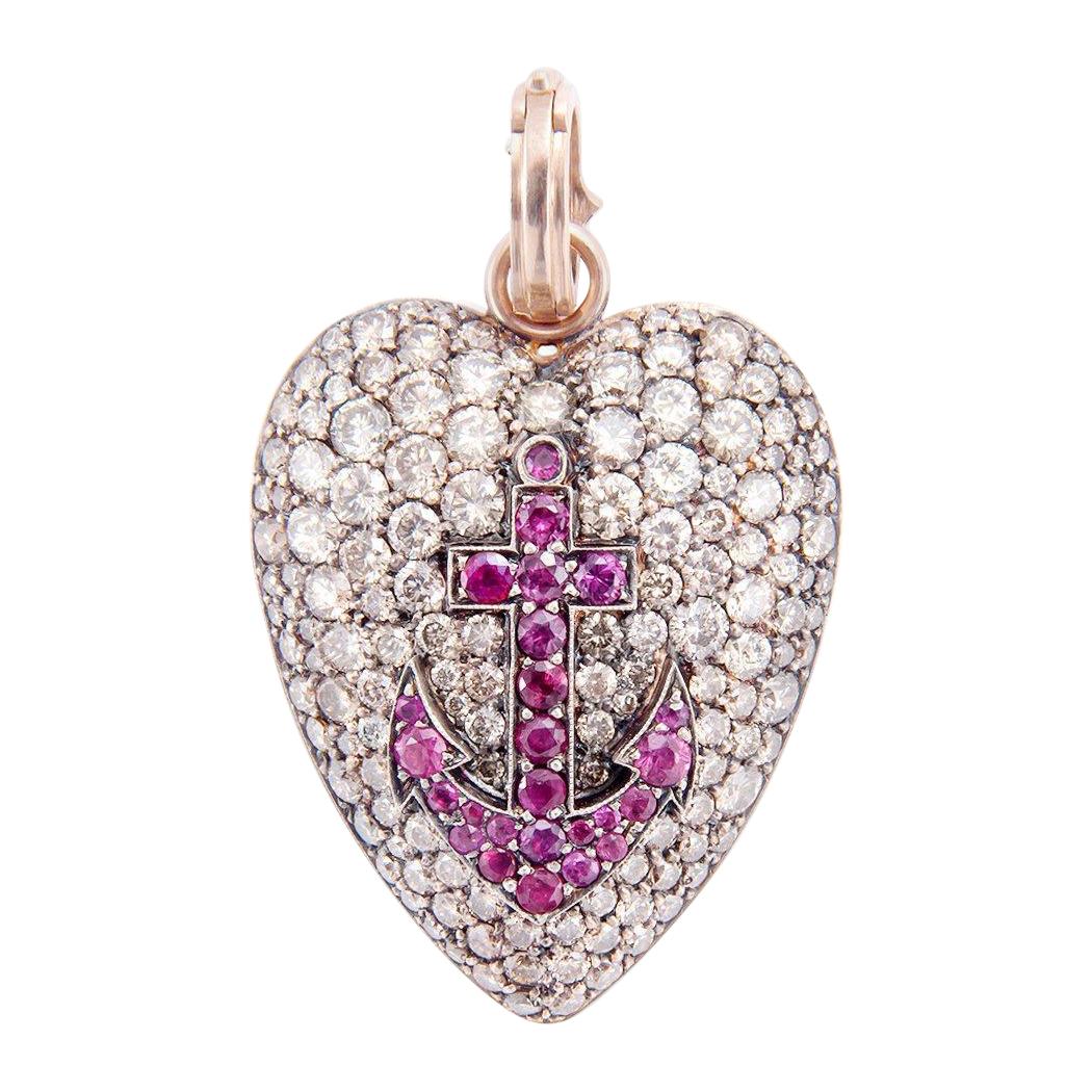 Sylva & Cie Champagne Diamond Heart Pendant with Ruby Anchor For Sale