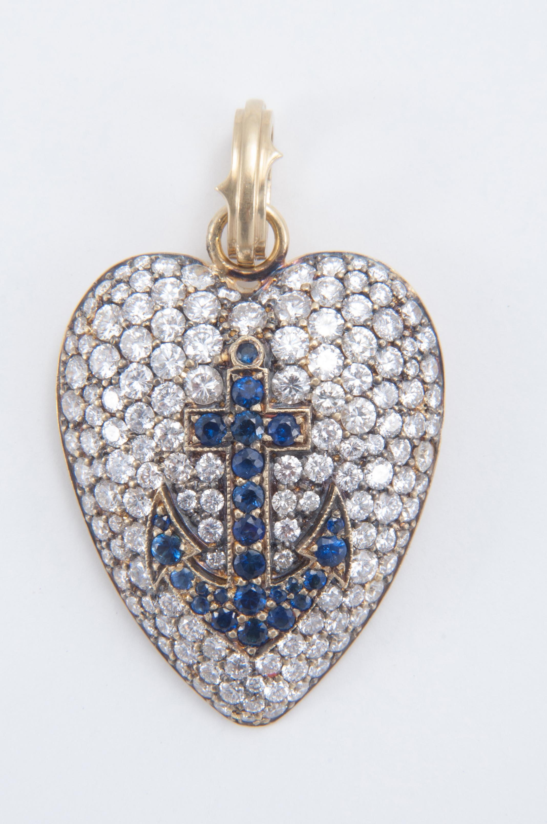 Sylva & Cie Diamond Heart Pendant with Sapphire Anchor In New Condition In Weston, MA