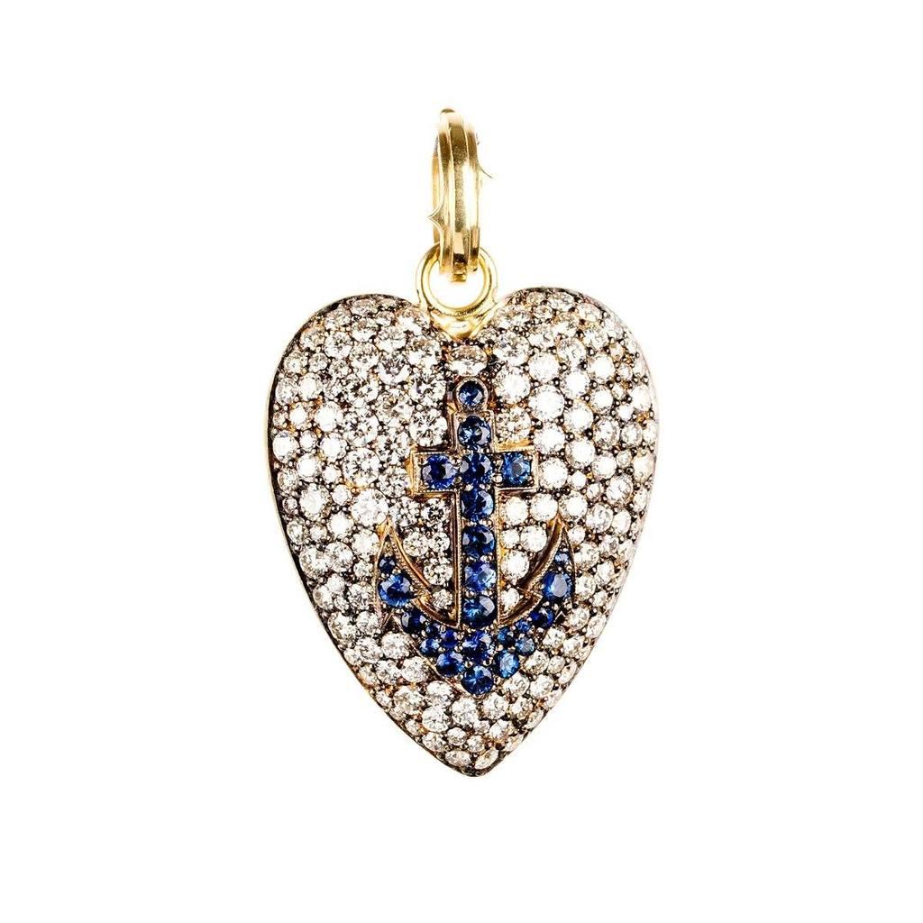 Women's or Men's Sylva & Cie Diamond Heart Pendant with Sapphire Anchor