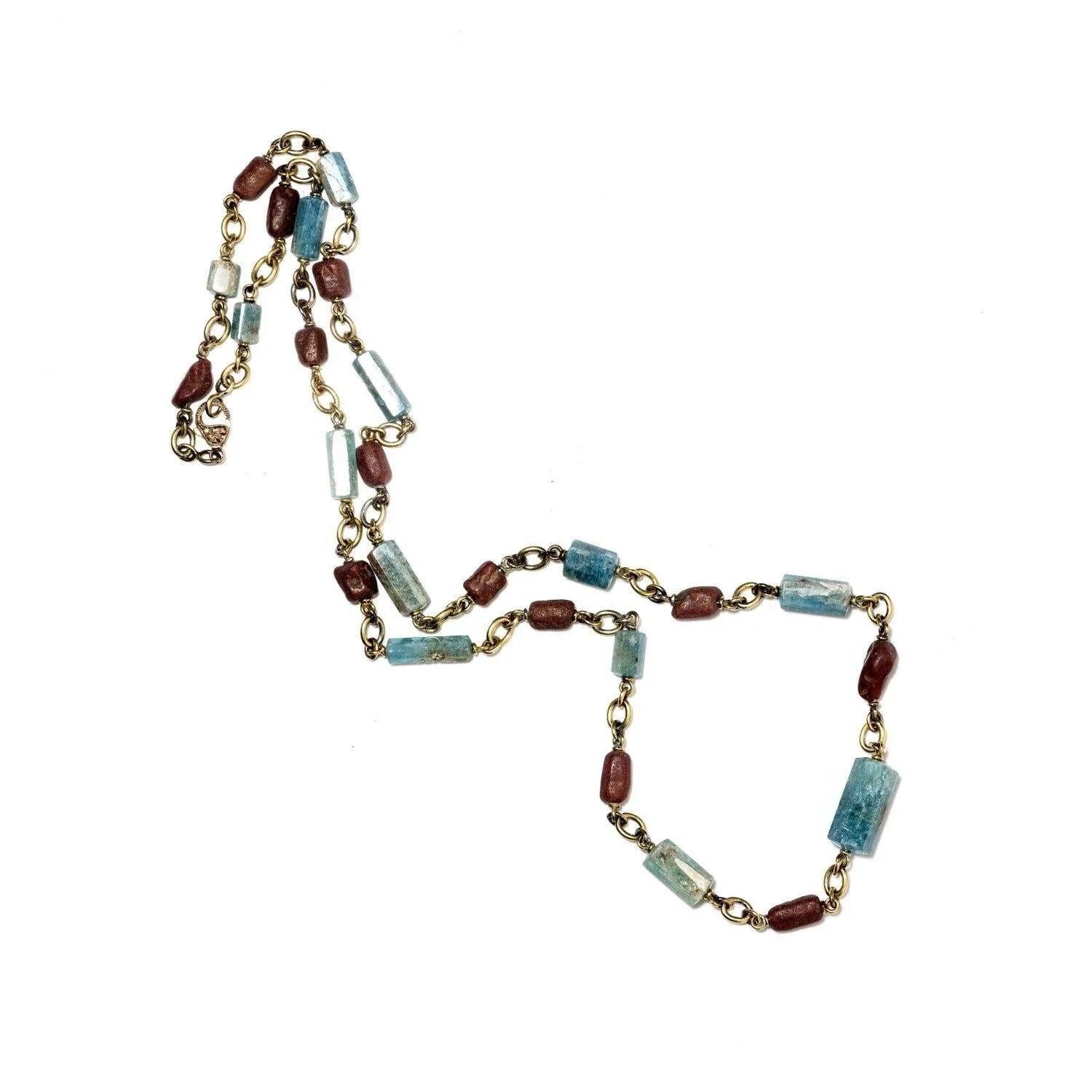 Mixed Cut Sylva & Cie Handmade Aquamarine and Ruby Bullet Necklace For Sale