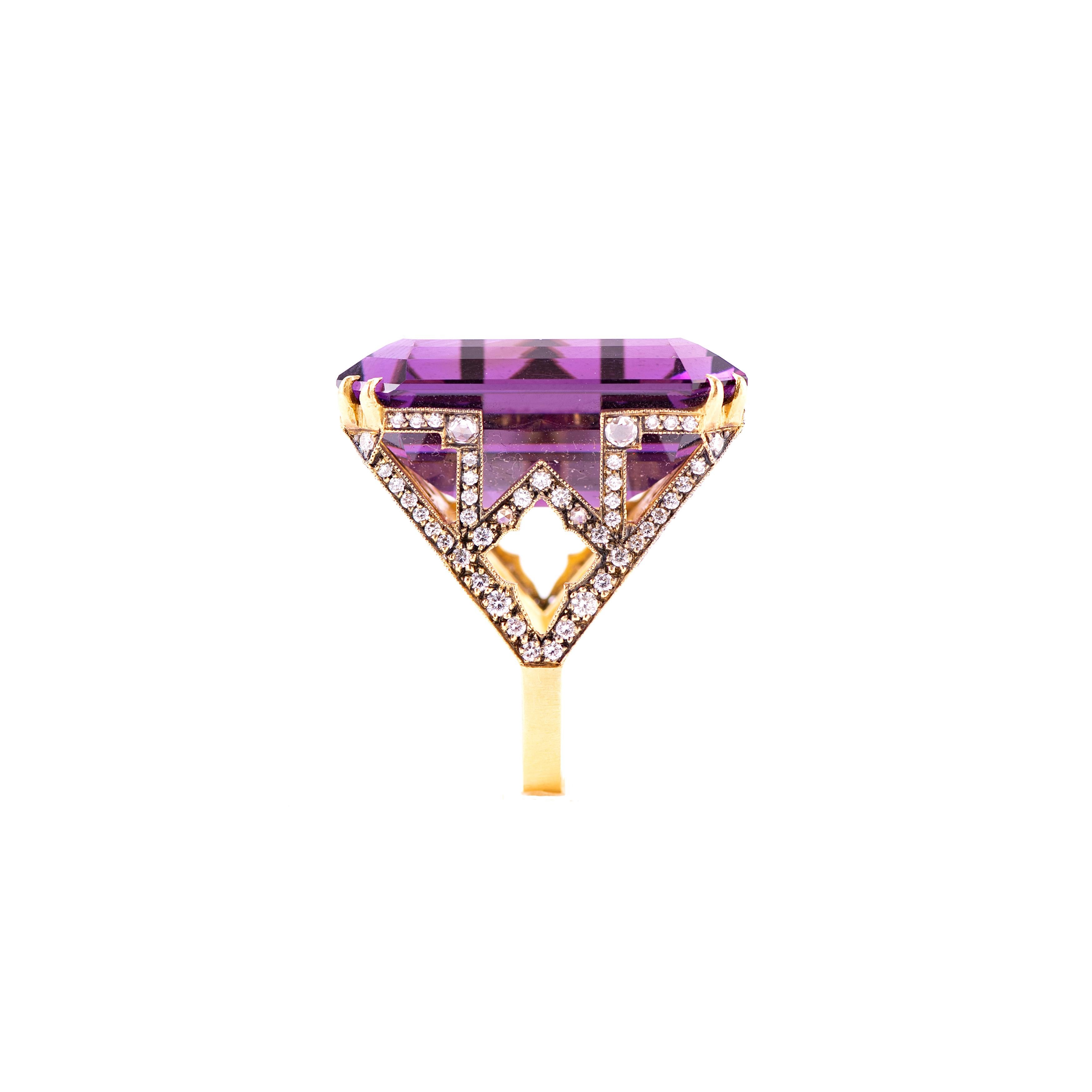 Sylva & Cie Mega Emerald Cut Amethyst Cocktail Ring with Diamonds in 18k Gold In New Condition For Sale In Los Angeles, CA