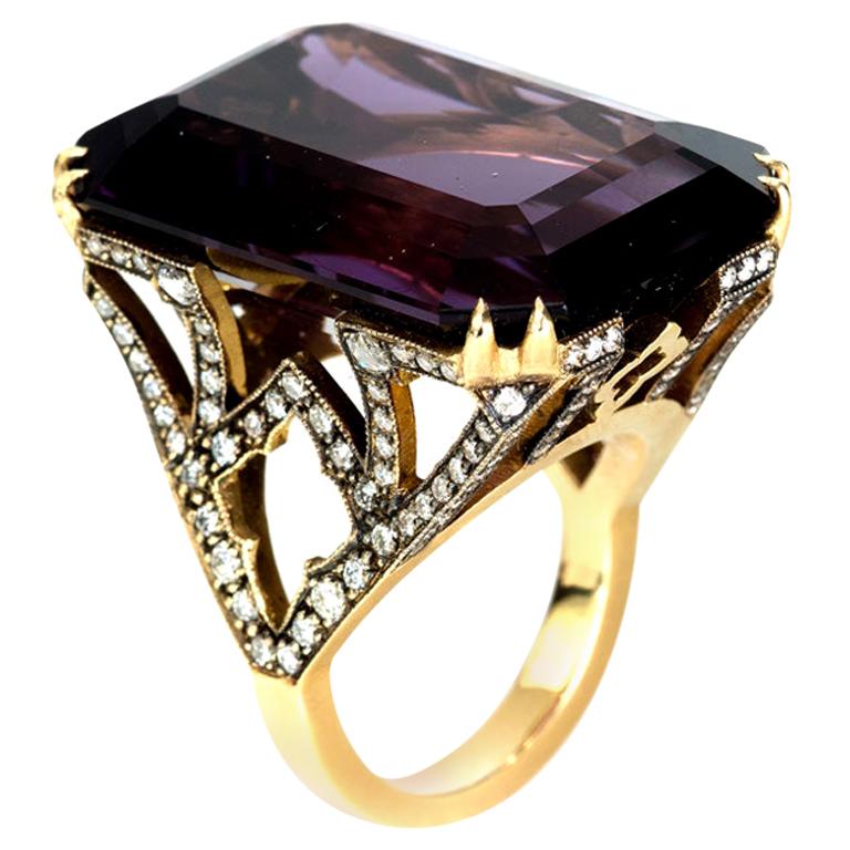 Sylva & Cie Mega Emerald Cut Amethyst Cocktail Ring with Diamonds in 18k Gold For Sale