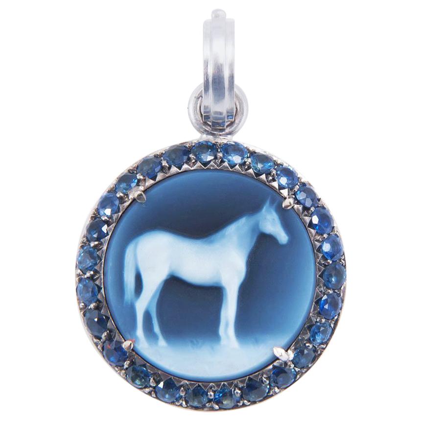 Sylva & Cie Onyx and Sapphire Horse Cameo Pendant