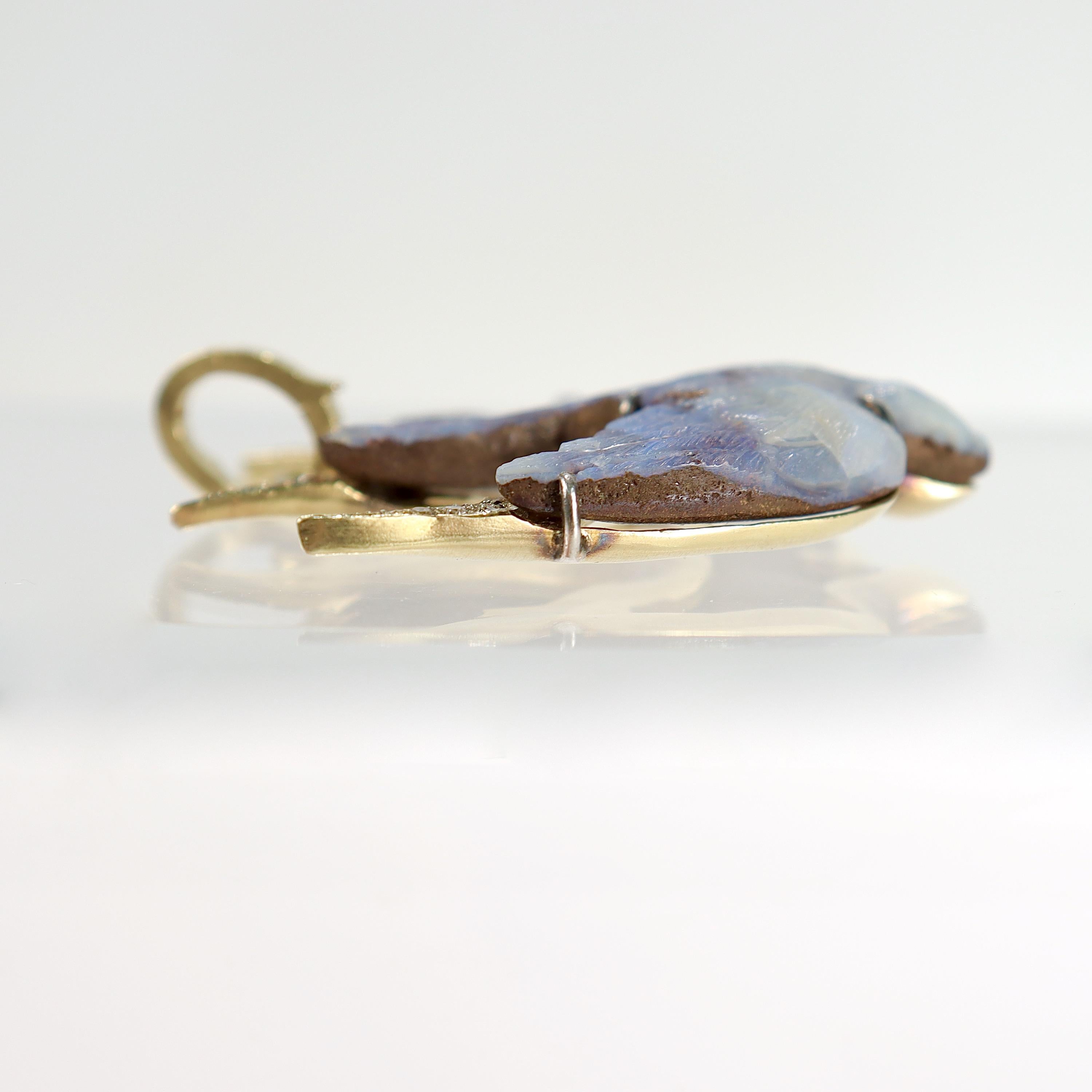 Sylva et Cie 18k Gold, Boulder Opal, & Diamond Sparrow Bird Necklace Pendant  For Sale 3
