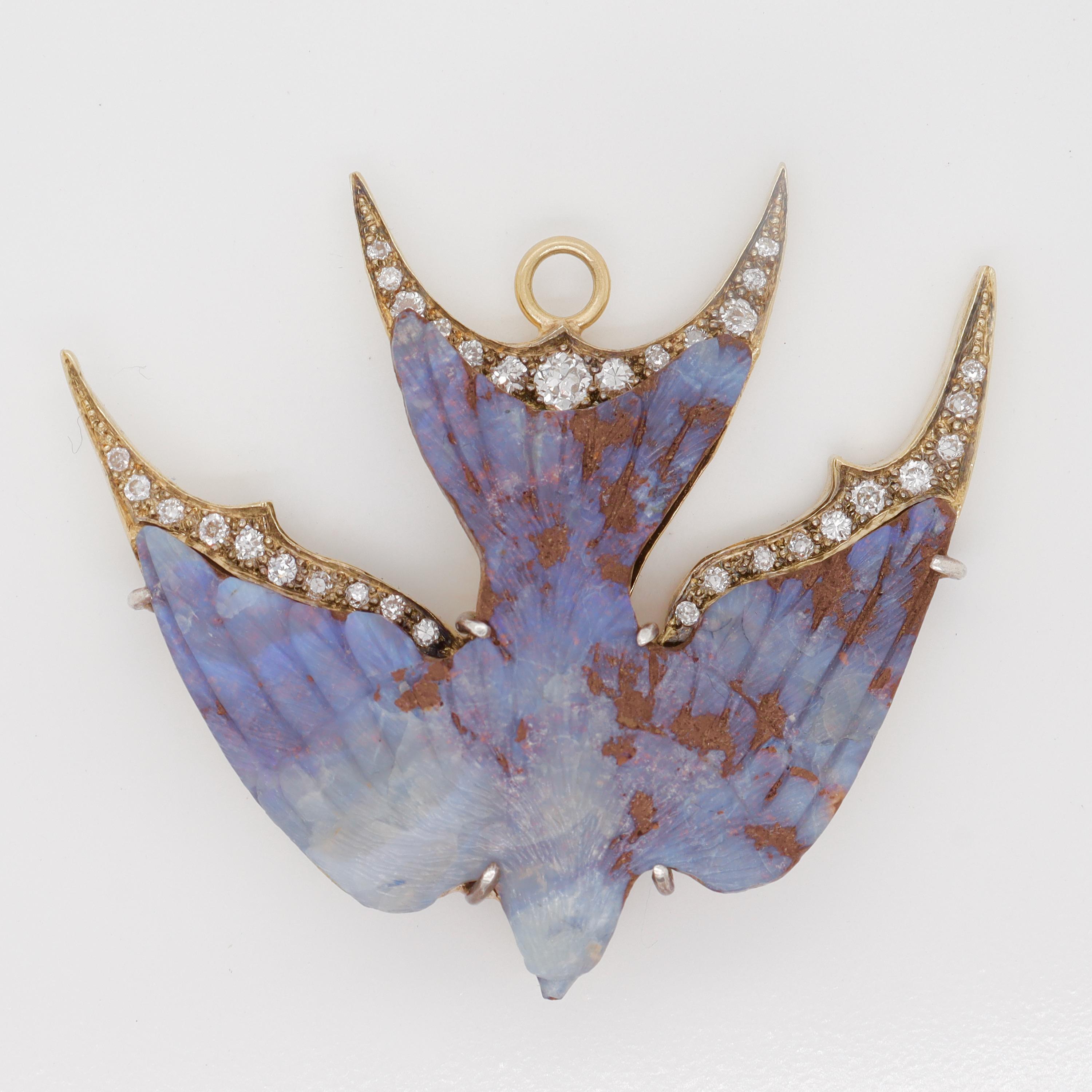 Sylva et Cie 18k Gold, Boulder Opal, & Diamond Sparrow Bird Necklace Pendant  For Sale 9