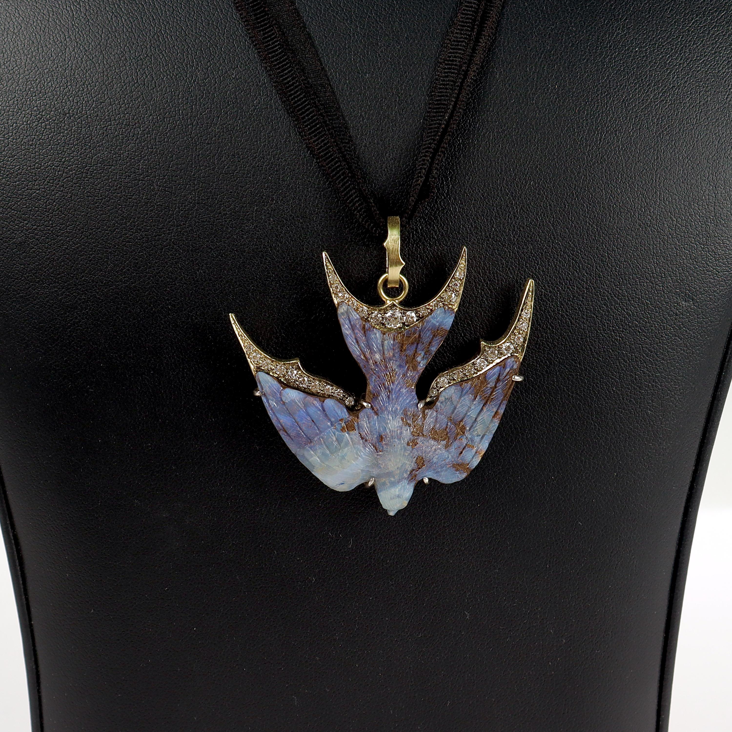 Modern Sylva et Cie 18k Gold, Boulder Opal, & Diamond Sparrow Bird Necklace Pendant  For Sale