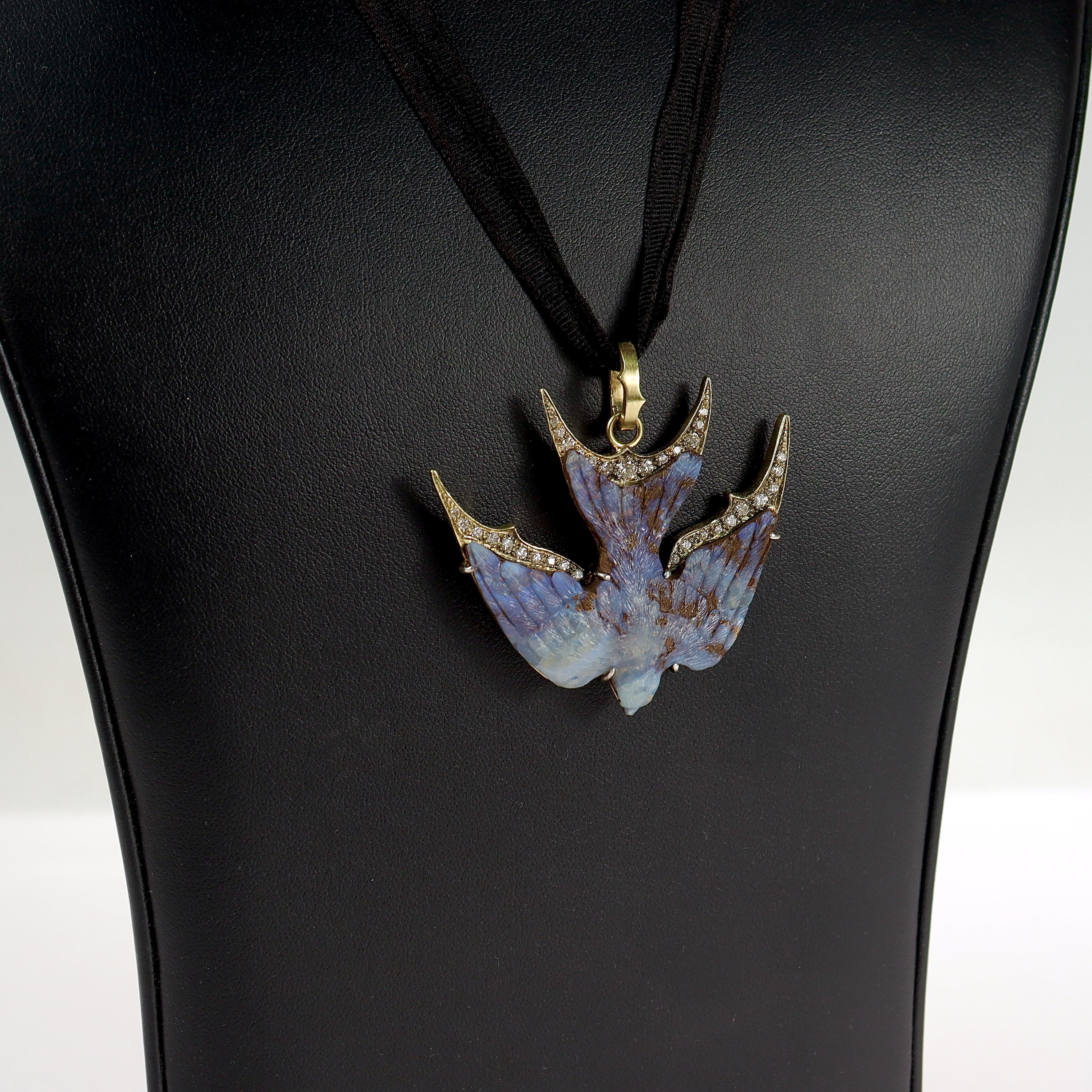 Women's Sylva et Cie 18k Gold, Boulder Opal, & Diamond Sparrow Bird Necklace Pendant  For Sale