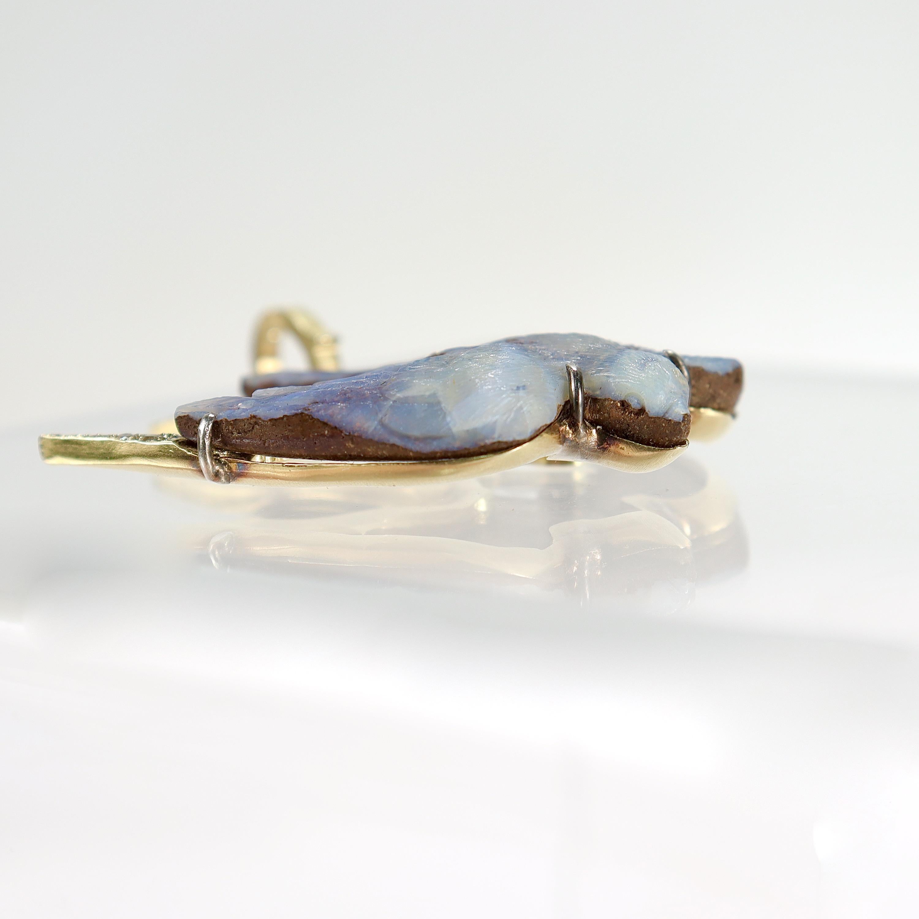 Sylva et Cie 18k Gold, Boulder Opal, & Diamond Sparrow Bird Necklace Pendant  For Sale 1