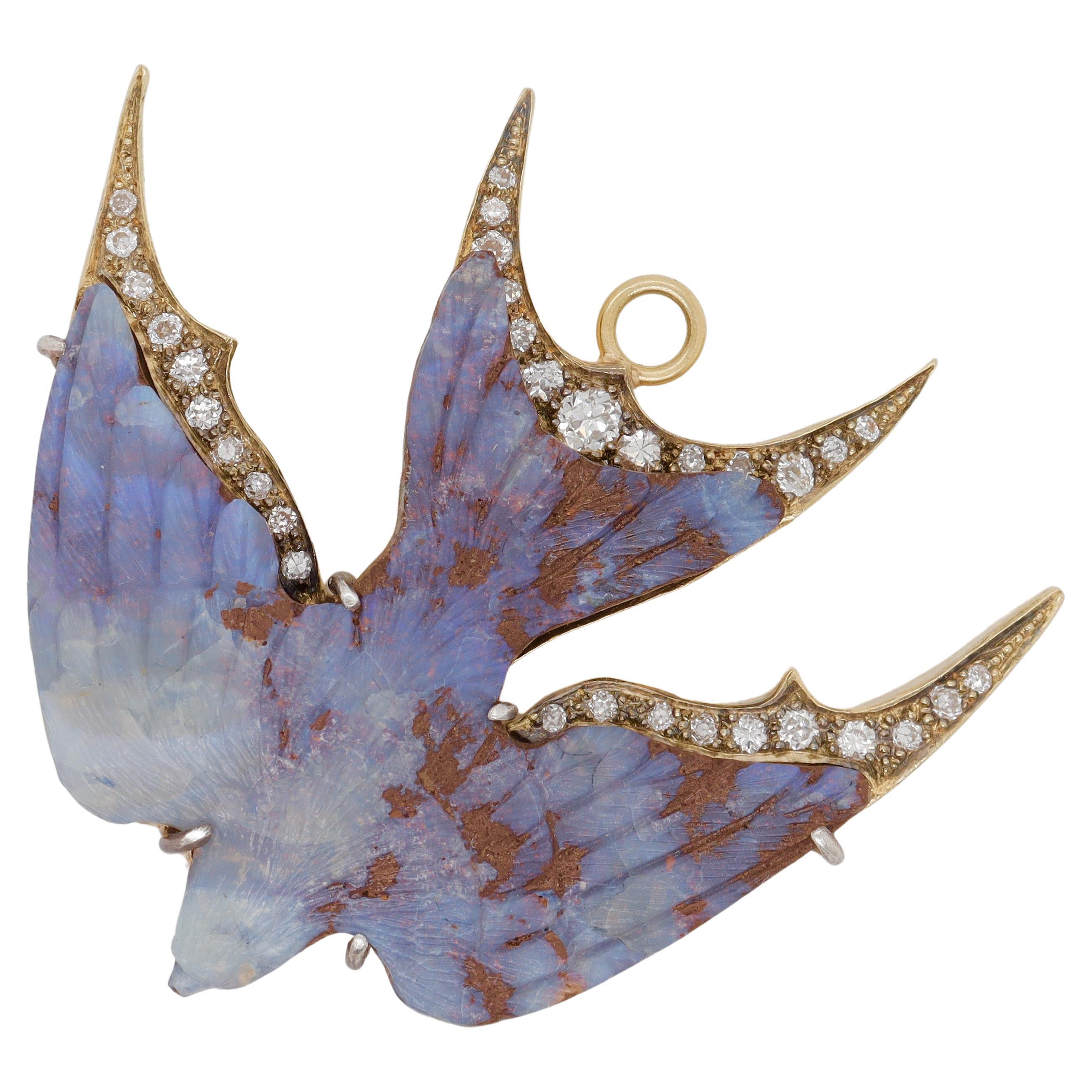 Sylva et Cie 18k Gold, Boulder Opal, & Diamond Sparrow Bird Necklace Pendant  For Sale