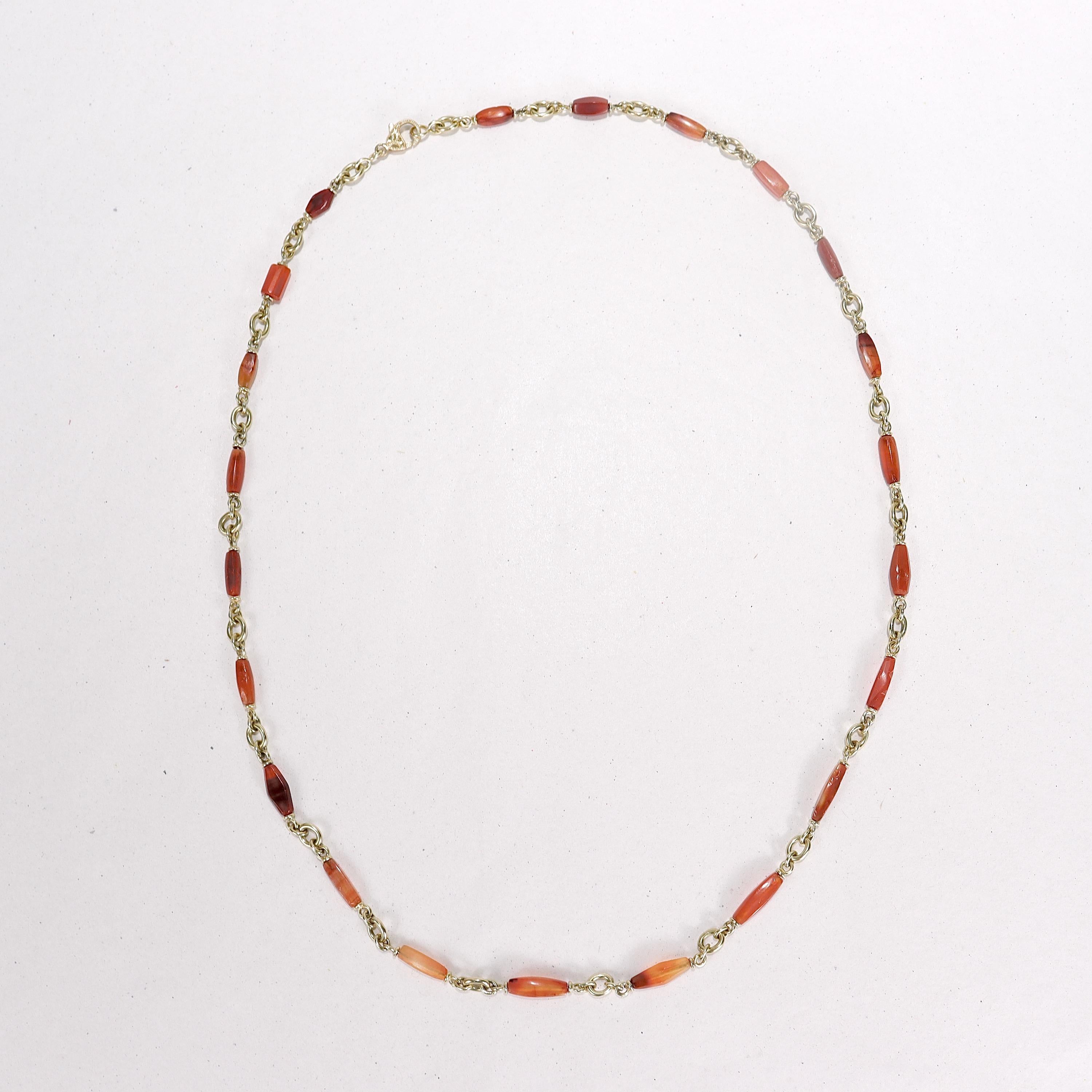 Sylva et Cie 18k Gold & Carnelian Bead Graduated Bullet Chain Necklace In Good Condition For Sale In Philadelphia, PA