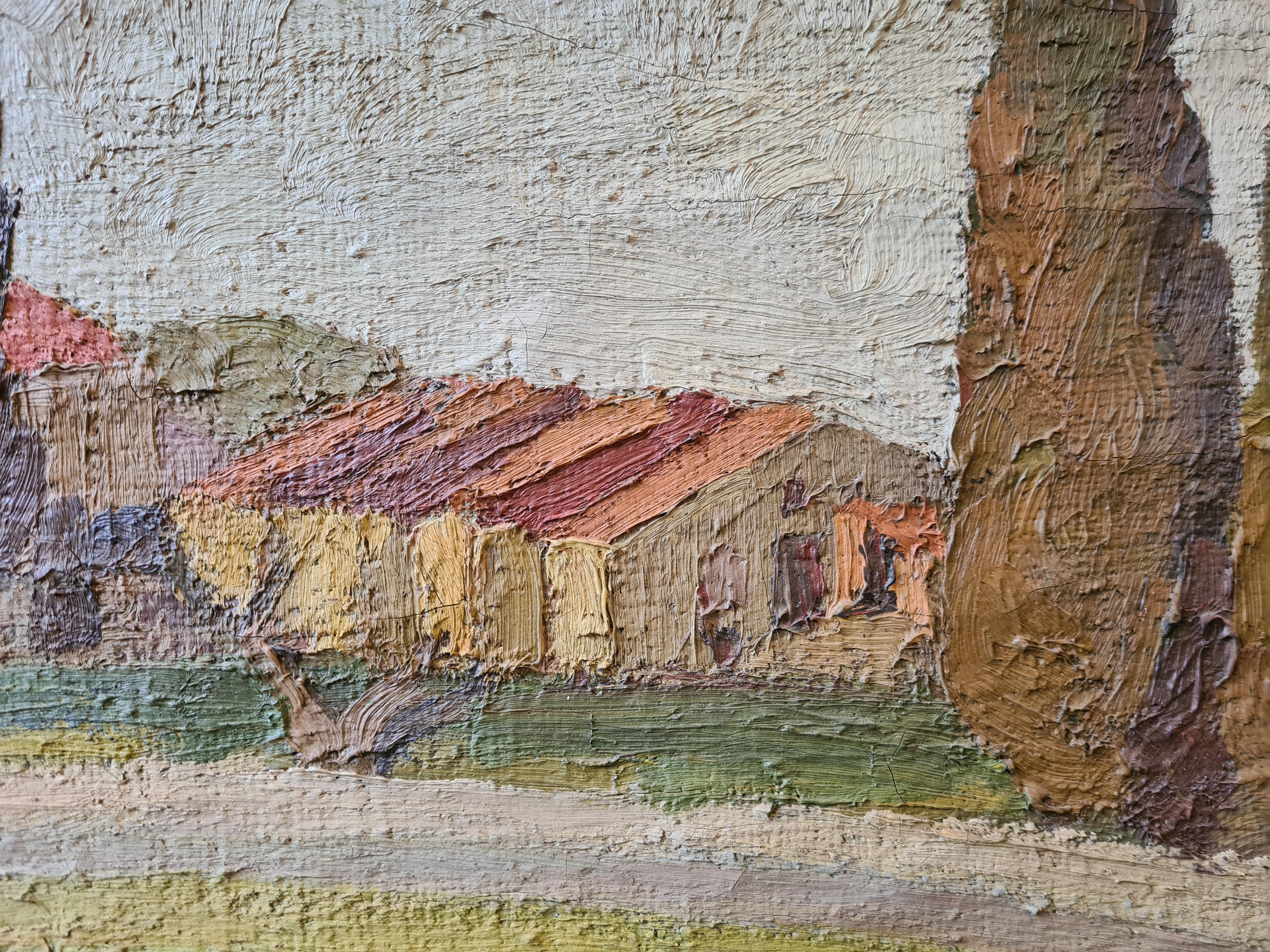 Huile sur toile impressionniste française des années 1930, vue d'un vignoble et de cyprès - Impressionnisme Painting par Sylvain Coste