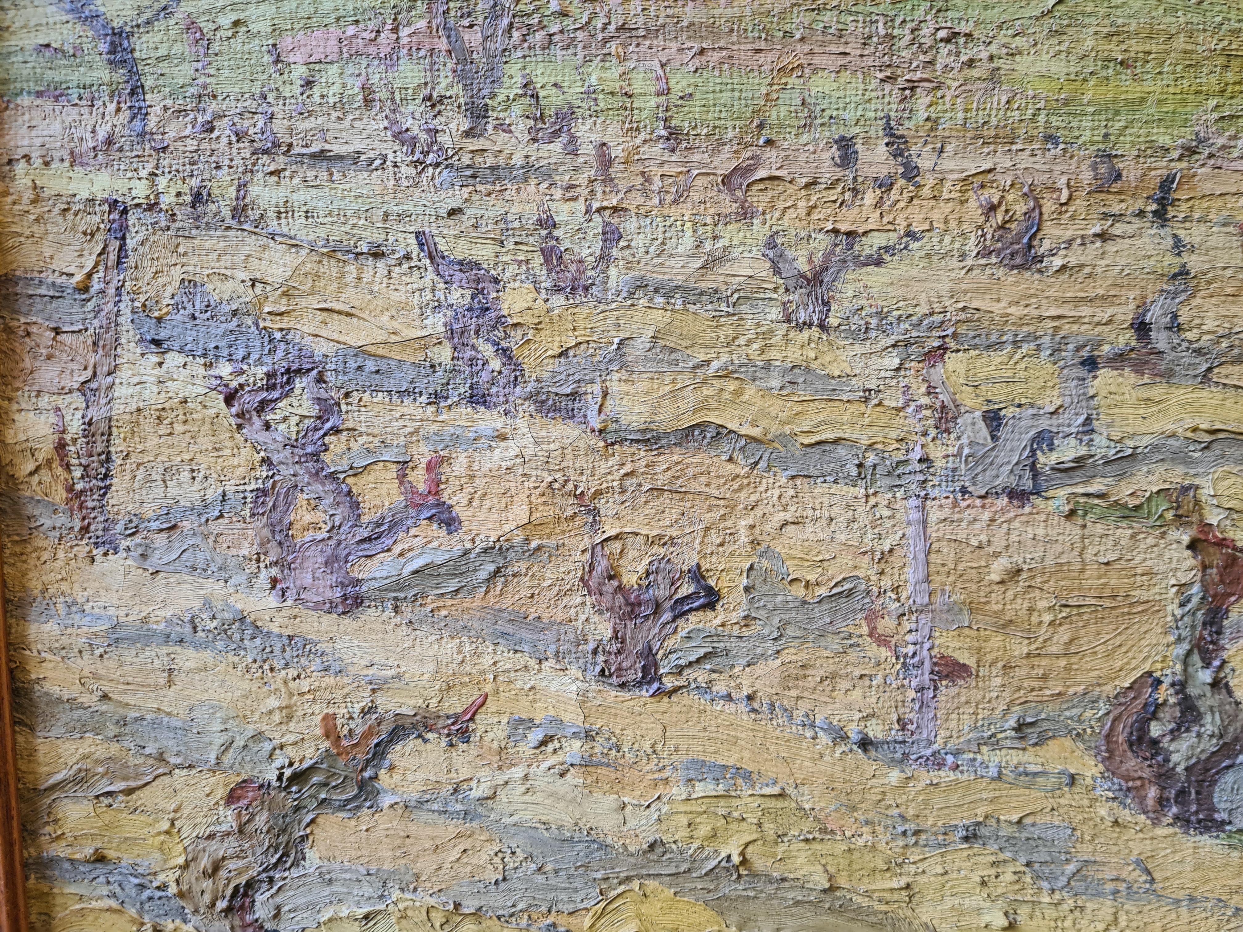 Huile sur toile impressionniste française des années 1930, vue d'un vignoble et de cyprès - Marron Landscape Painting par Sylvain Coste