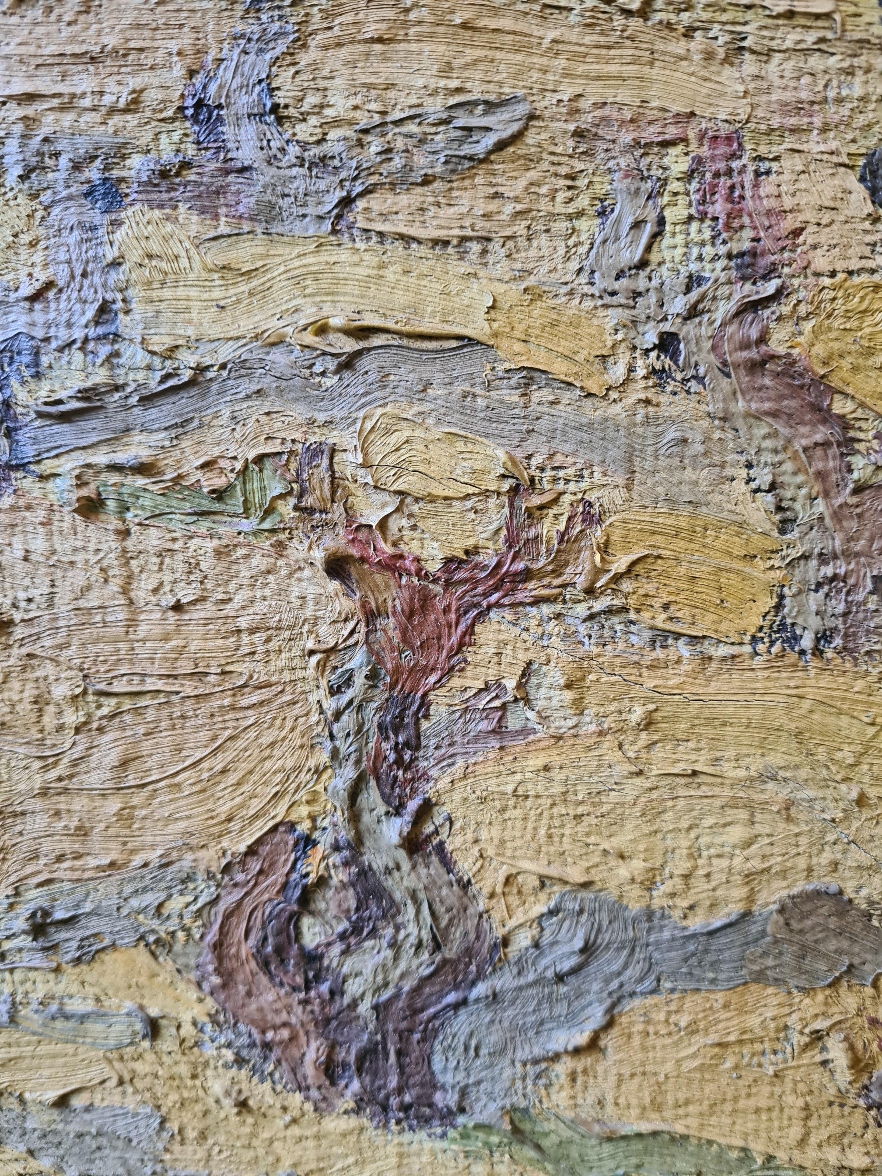 Huile sur toile impressionniste française des années 1930, vue d'un vignoble et de cyprès 2