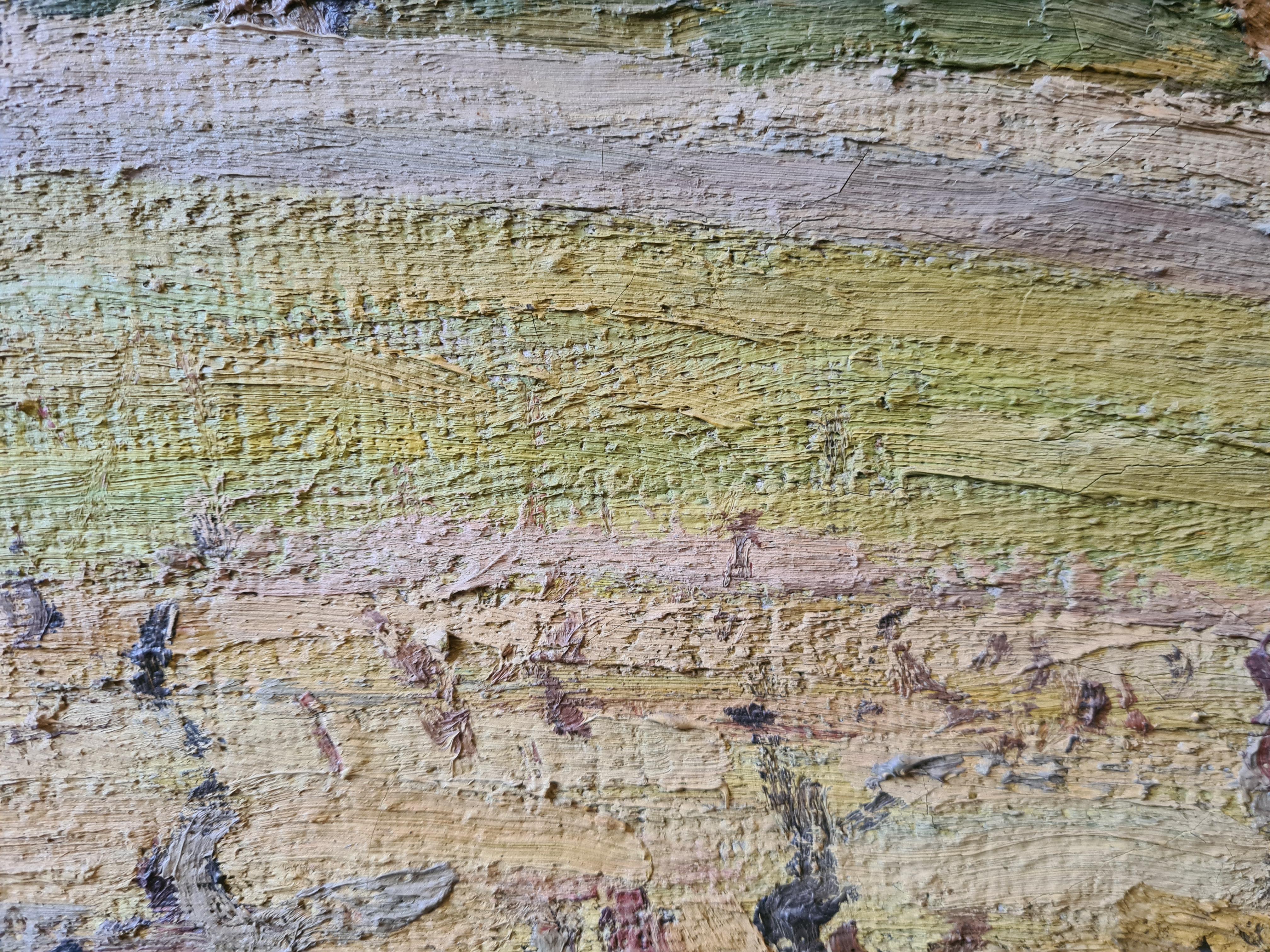 Huile sur toile impressionniste française des années 1930, vue d'un vignoble et de cyprès 3