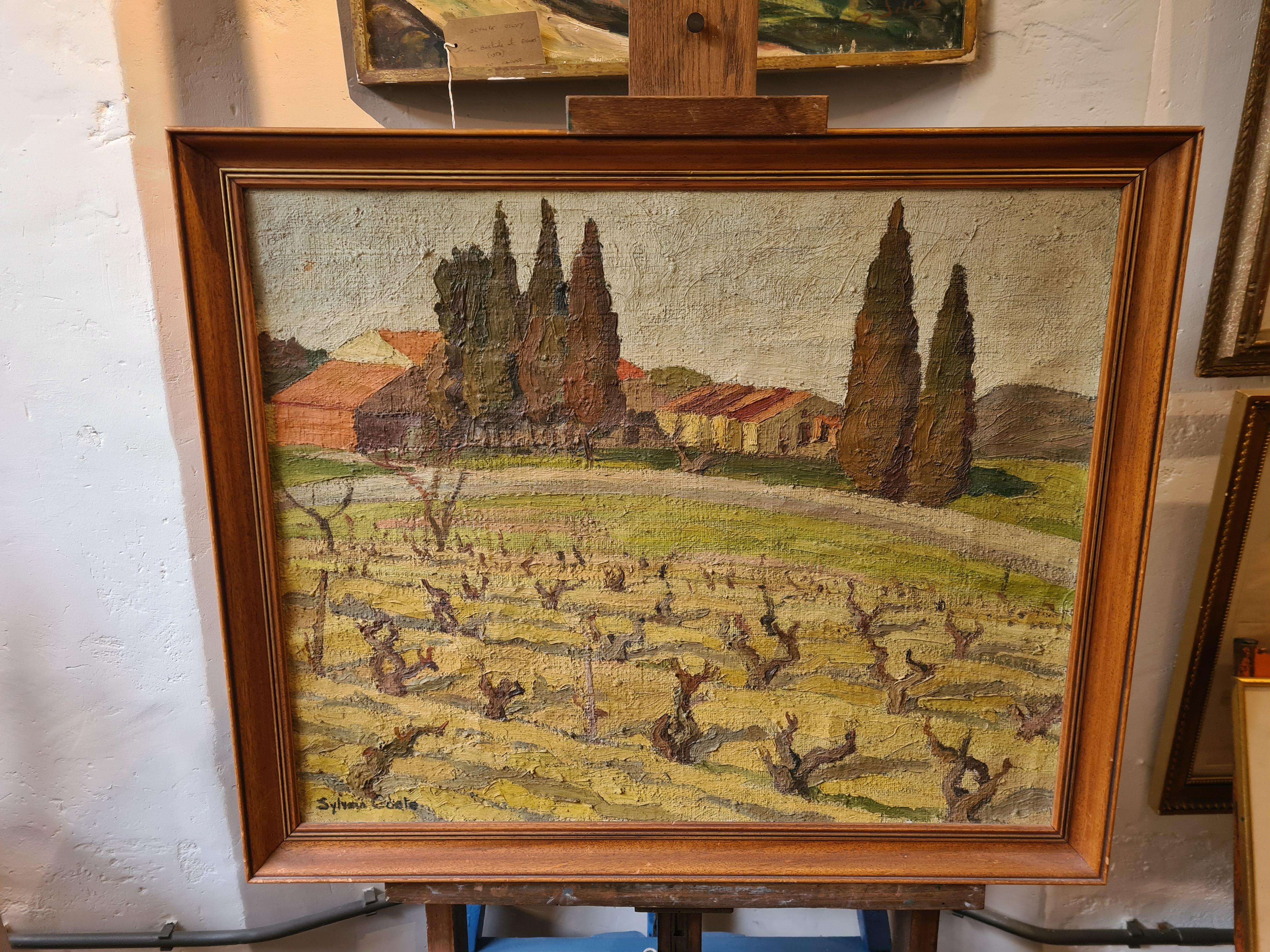 French 1930s Impressionist Oil on Canvas View of a Vineyard and Cypress Trees. For Sale 6