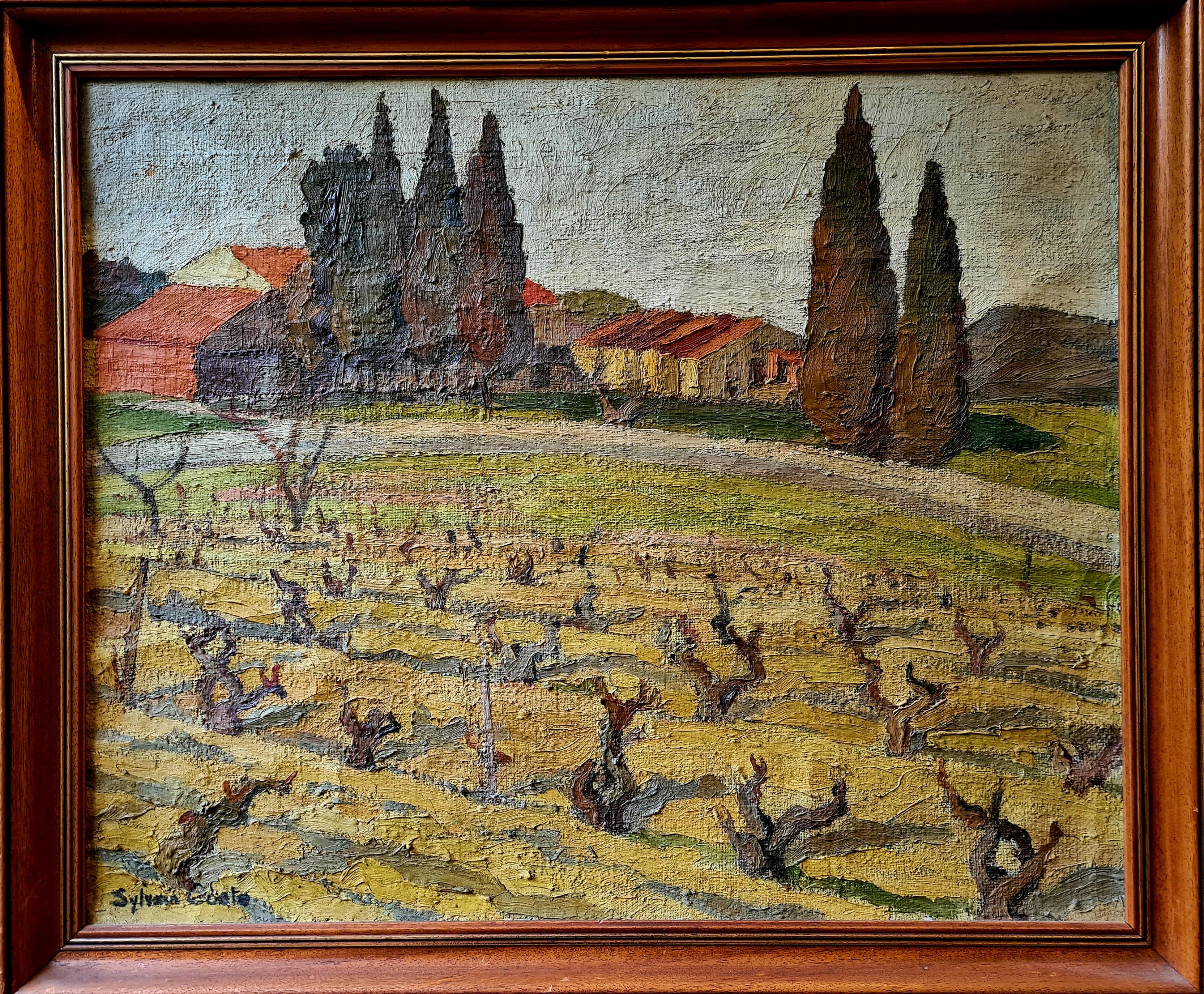 Huile sur toile impressionniste française des années 1930, vue d'un vignoble et de cyprès
