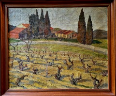 Antique French 1930s Impressionist Oil on Canvas View of a Vineyard and Cypress Trees.