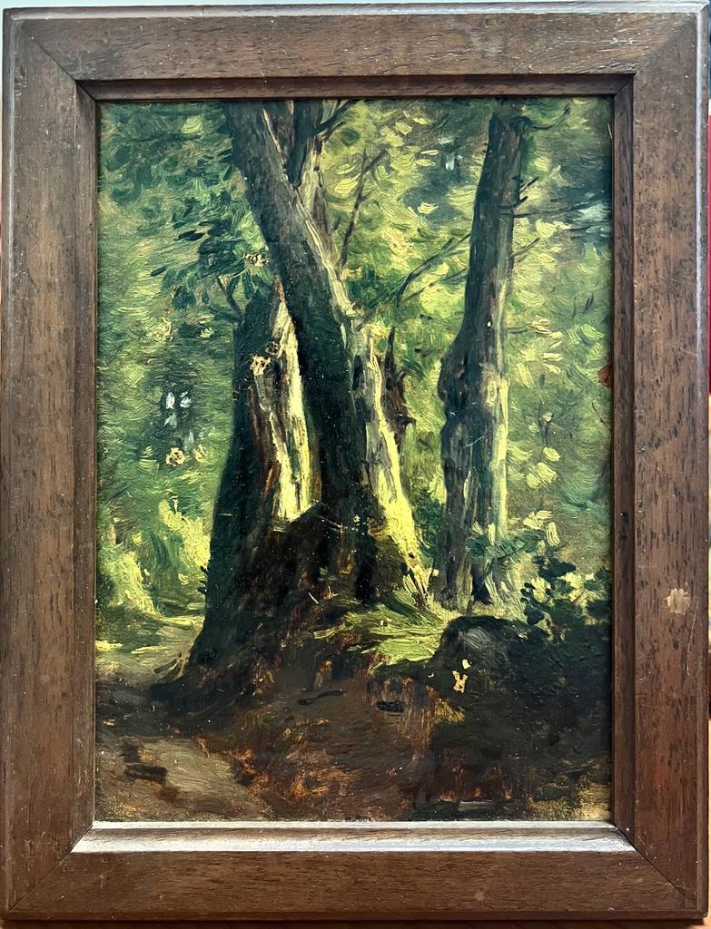 Dappled Sunlight Woodland Path in Landscape Antique French Landscape Oil – Painting von Sylvain Grateyrolle 