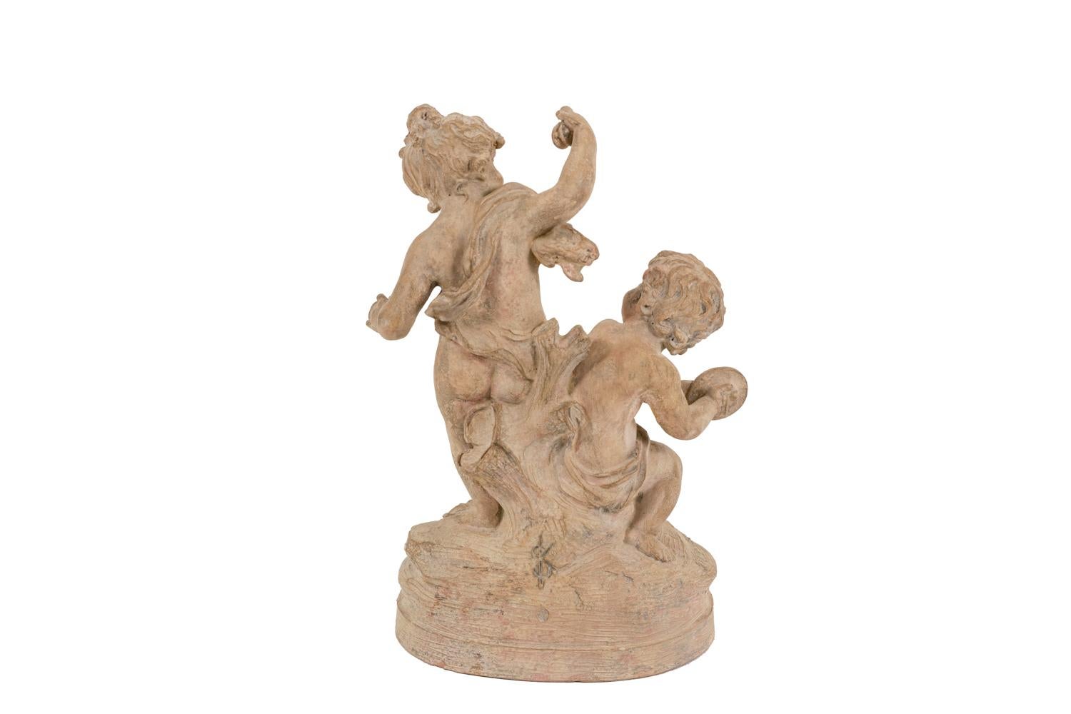 Sylvain Kingsburger, signed

Sculpture in terracotta figuring children wearing fabric sheets and playing music. One stands up wears a cloth and plays castanets. The other one plays cymbals. They are both leaning on a tree turn. The ensemble stands