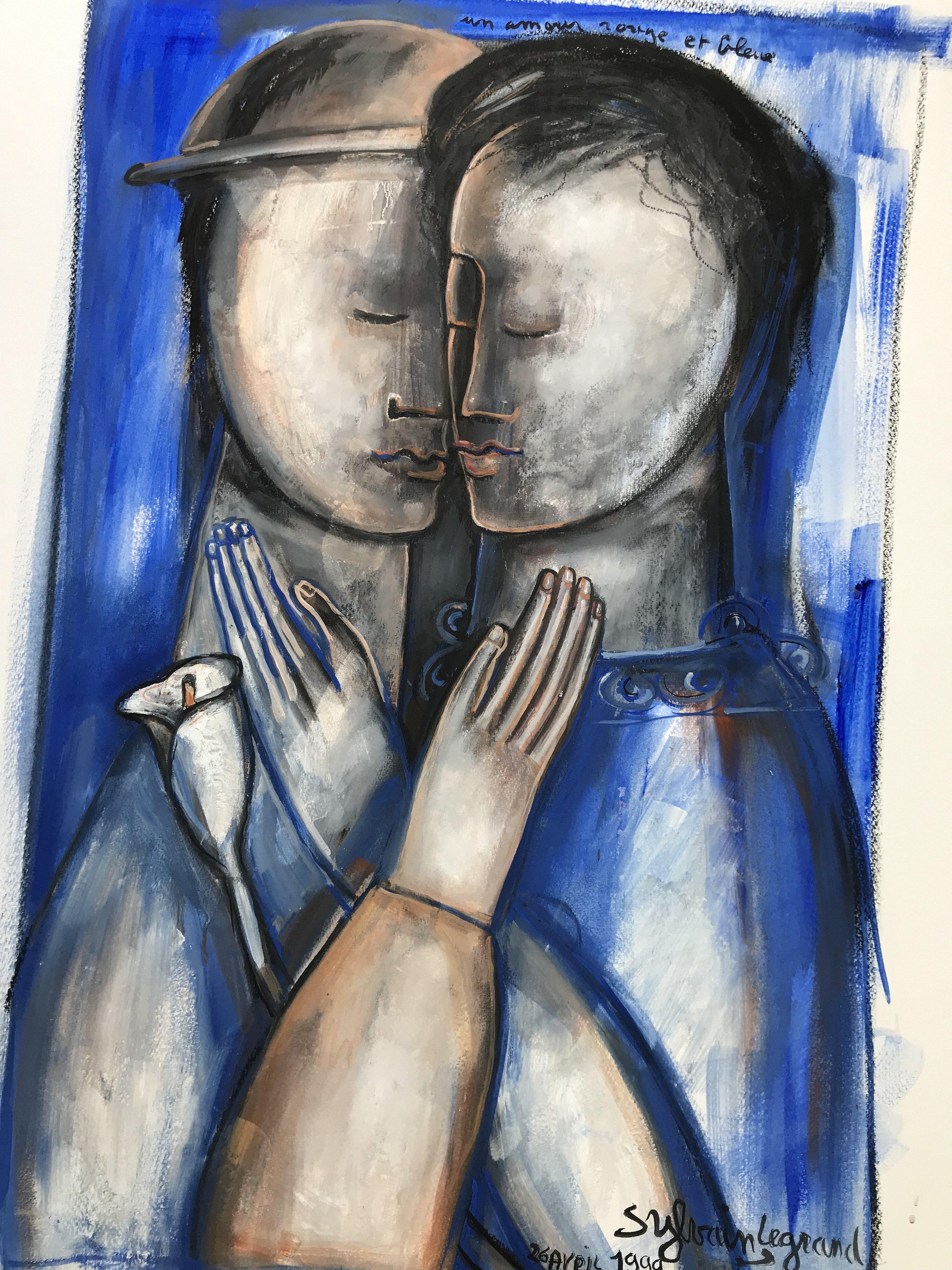 Un Amour Rouge et Bleu - Painting by Sylvain Legrand