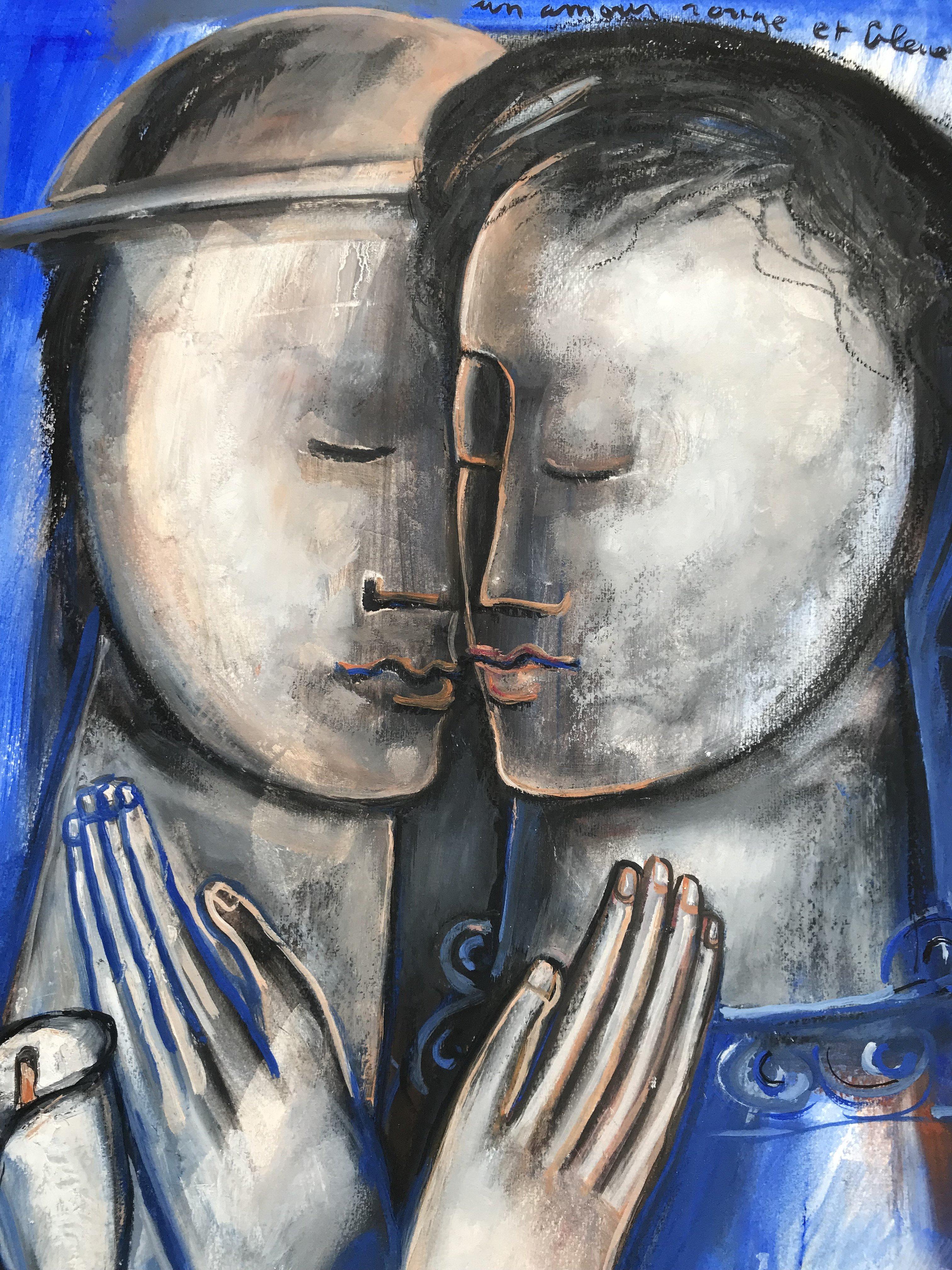 Un Amour Rouge et Bleu - Figurative Painting Grigio di Sylvain Legrand