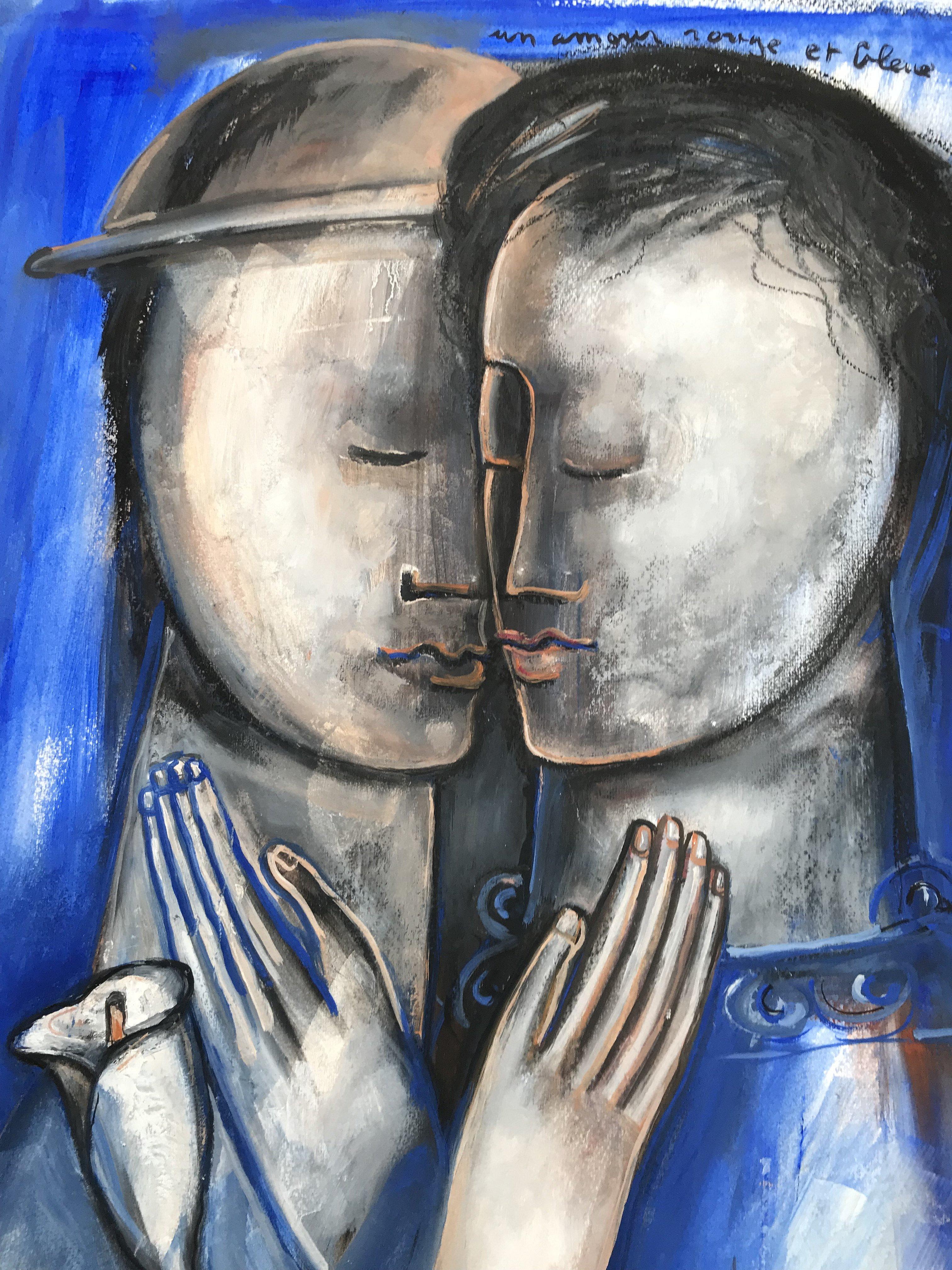 Un Amour Rouge et Bleu - Gray Figurative Painting by Sylvain Legrand
