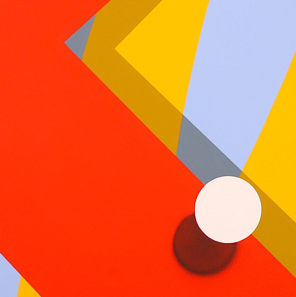 Angled, overlapping forms in hot orange, periwinkle and yellow create a visual maze in this dynamic painting by Sylvain Louis-Seize.

Louis-Seize drew critical attention in 2005 for his dynamic and imaginative use of form and color. His paintings