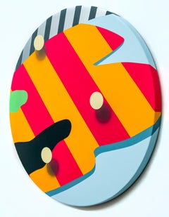 Avenue - contemporary, orange, blue, red, abstract, tondo, acrylic on panel