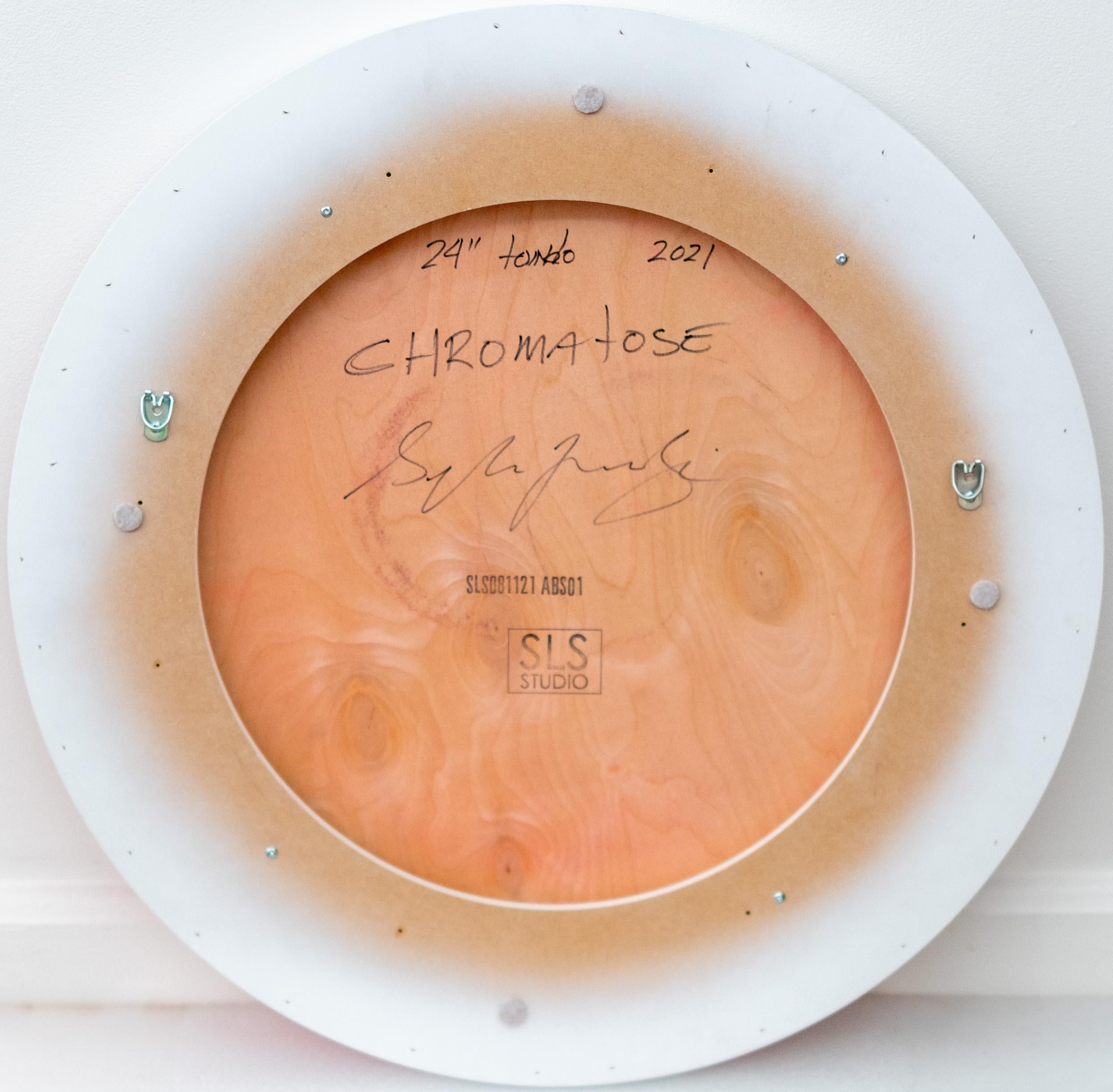 Cromatosa - arancio, rosa, nero, astratto, geometrico, tondo, acrilico su pannello in vendita 5