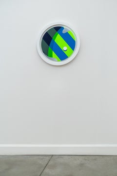 Chromatose II - blu, verde, nero, astratto, geometrico, tondo, acrilico su pannello