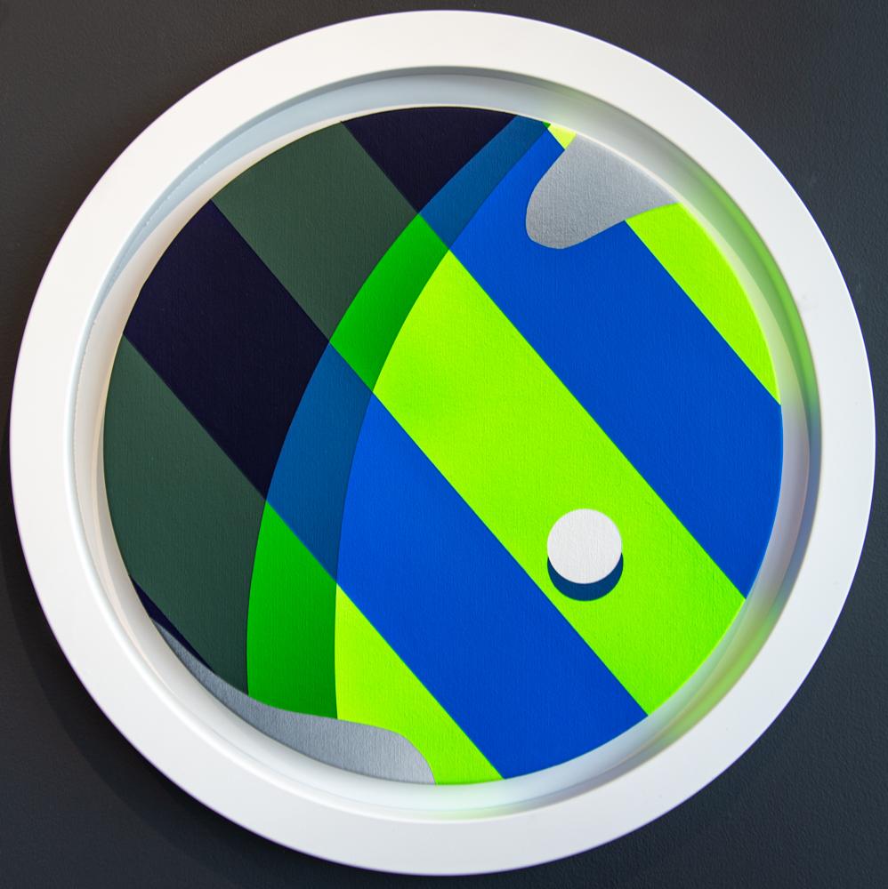 Chromatose II - grafisch, blau, grün, schwarz, geometrisch, Tondo, Acryl auf Tafel – Painting von Sylvain Louis-Seize